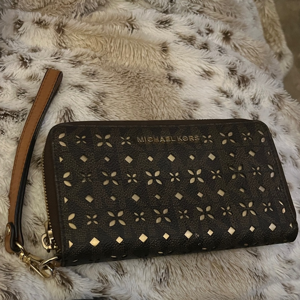 Michael Kors Brown and Gold laser Cutout Wristlet